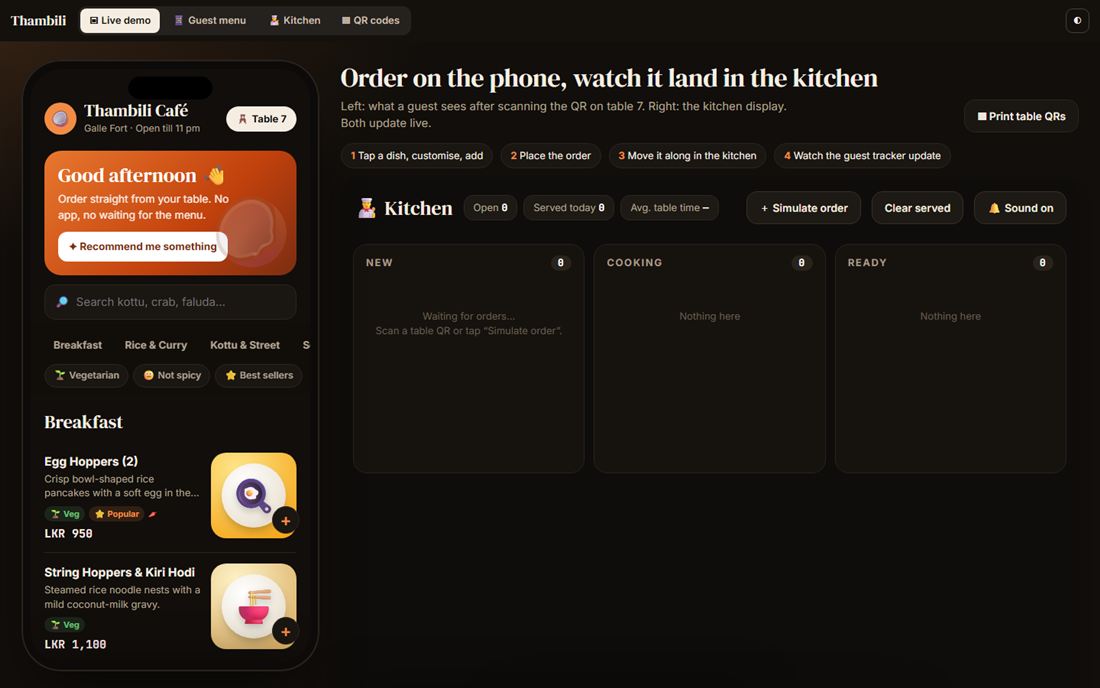 Thambili Café — QR menu & kitchen display